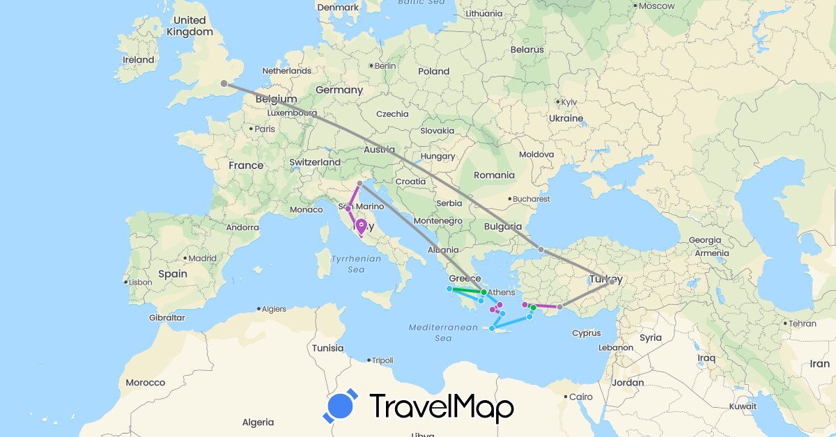 TravelMap itinerary: driving, bus, plane, train, boat in United Kingdom, Greece, Italy, Turkey (Asia, Europe)