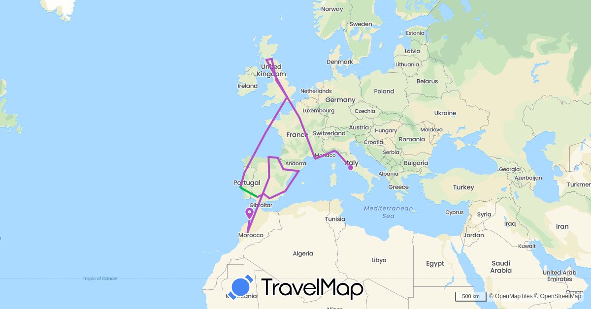 TravelMap itinerary: driving, bus, train in Spain, France, United Kingdom, Italy, Morocco, Portugal (Africa, Europe)